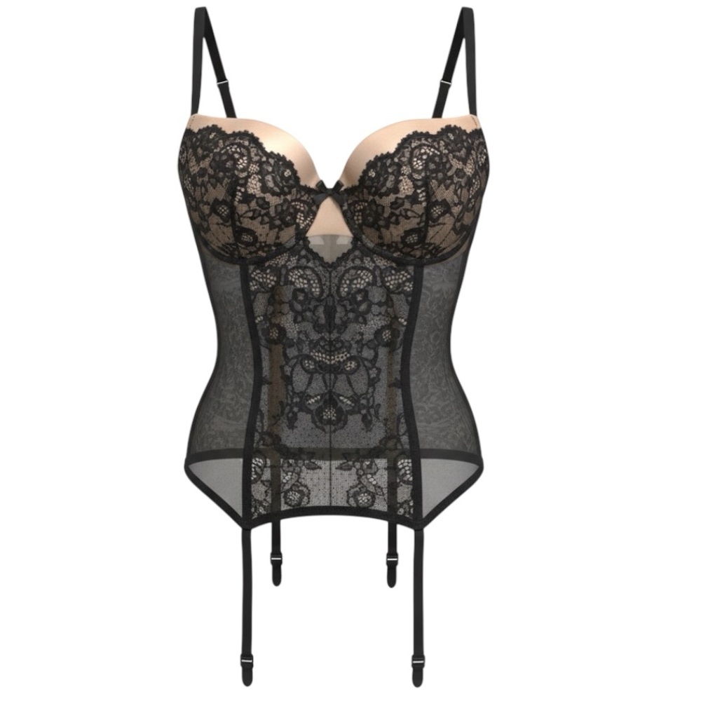 Victoria’s Secret Lace Bustier Corset Lingerie Top 34C Black Nude Garter Teddy